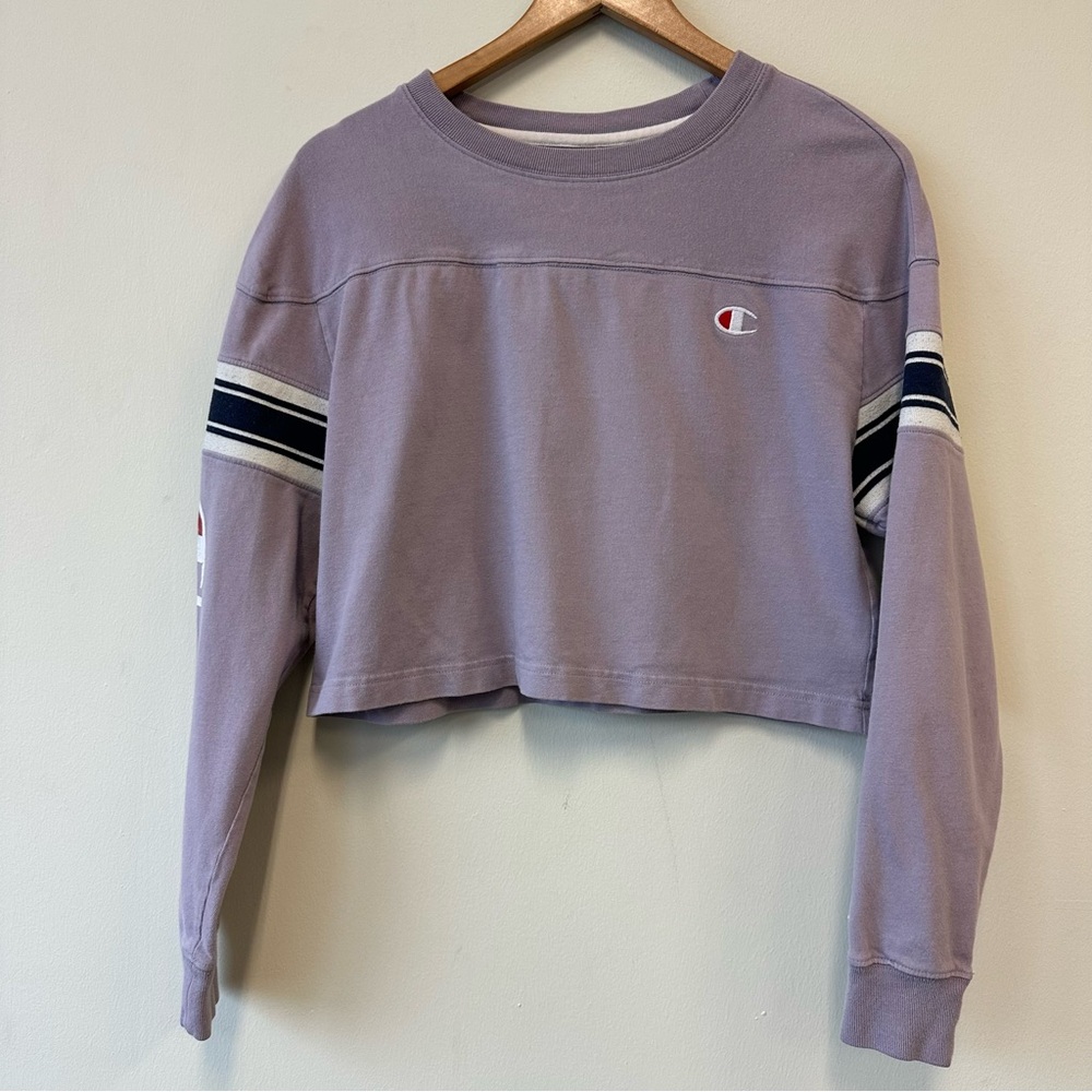 Y2K Champion Cropped Tshirt Lavender Varsity Stripe Athletic Pullover